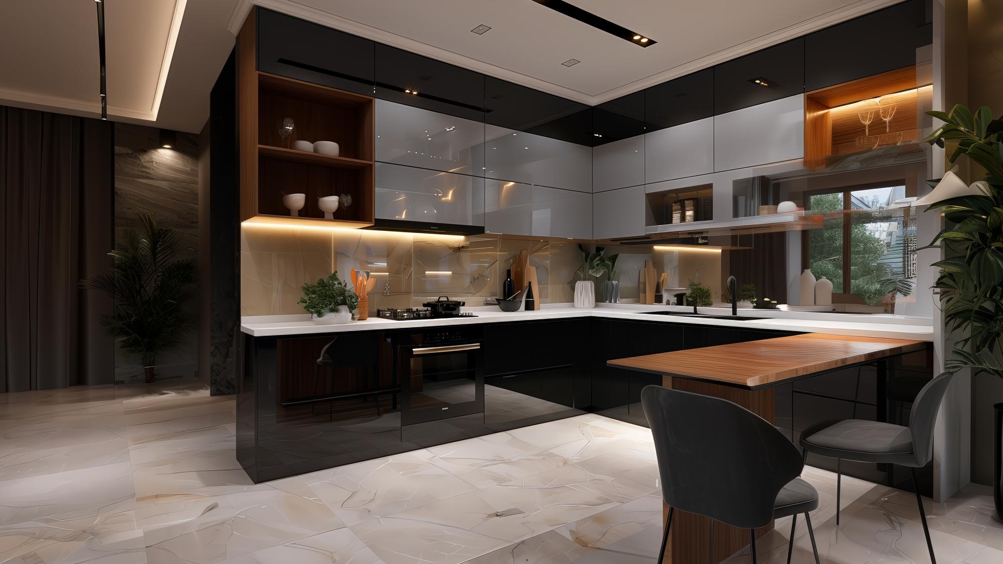 Modern kitchen with a sleek design featuring black and gray cabinetry, a white countertop, and a wooden dining table. Soft lighting highlights the space, complemented by plants and decorative items on shelves.